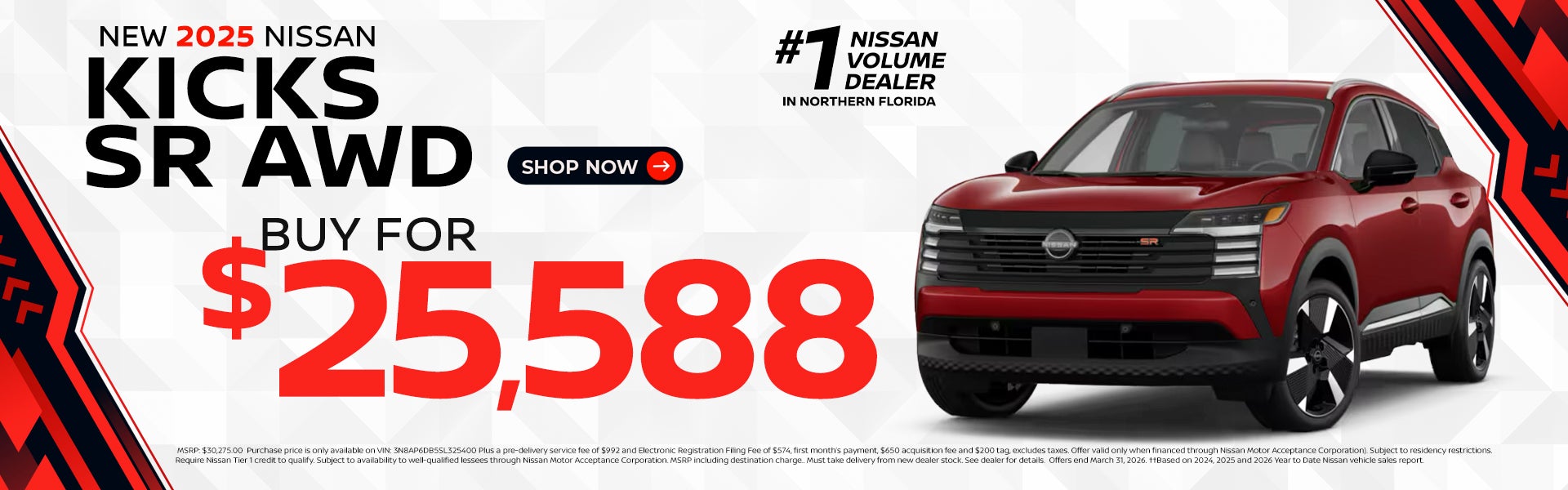 2025 KICKS SR AWD SELLING PRICE: $25,588.00