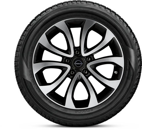 A black Nissan wheel and tire with a two-tone, five-spoke design.