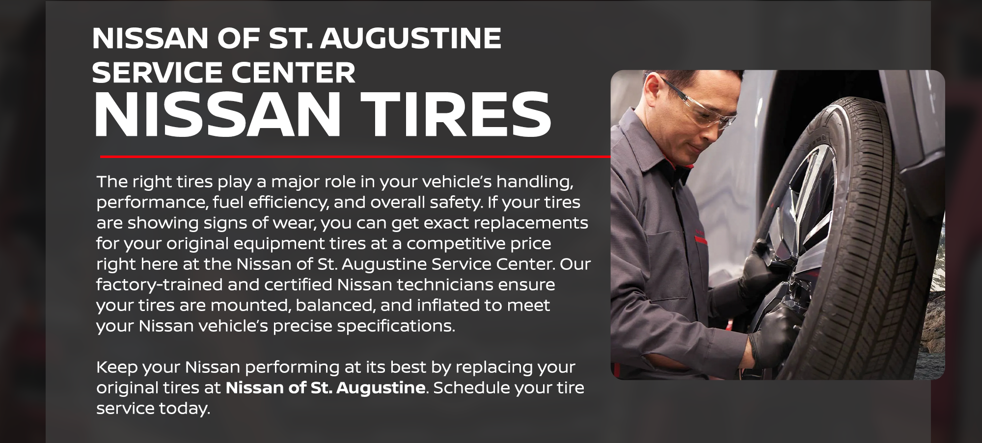 A technician in safety glasses and gloves inspecting and working on a car wheel and tire.