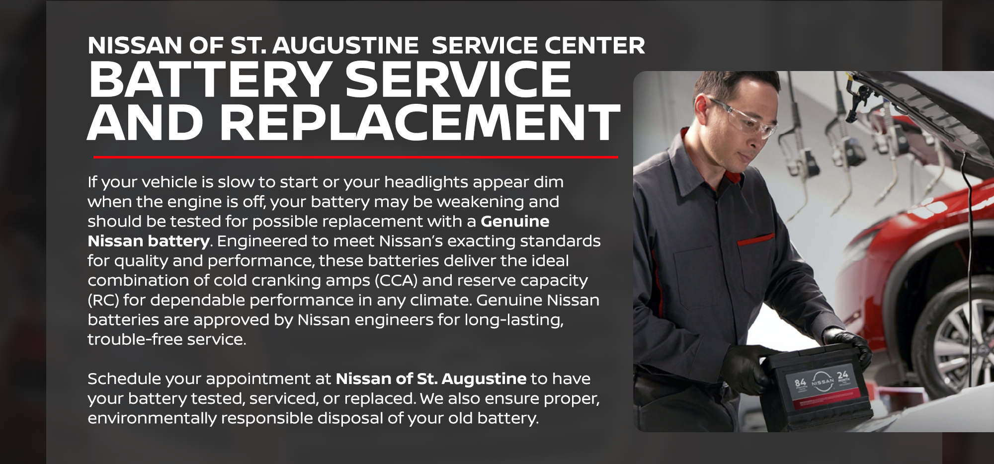 A technician in safety glasses and gloves inspecting and working on a car battery.