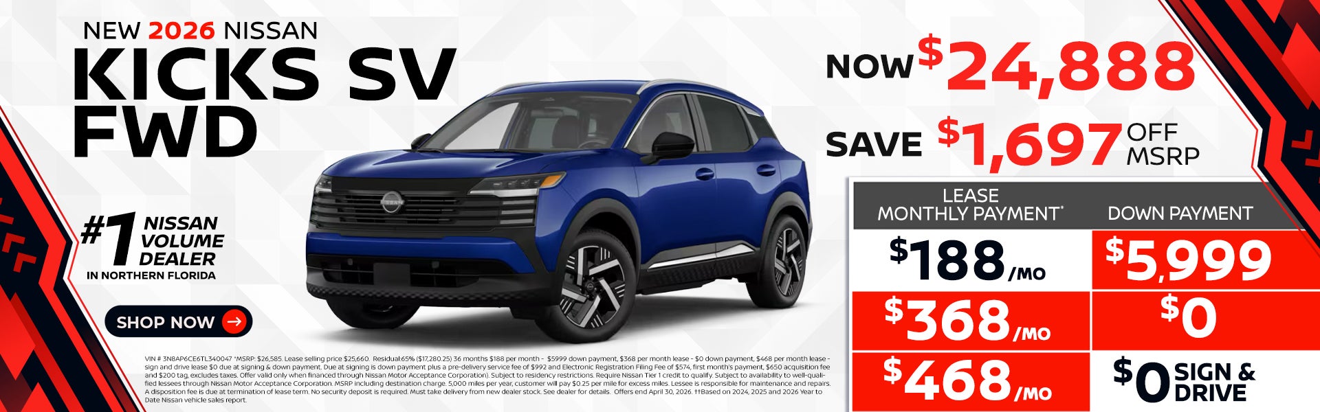 2026 Kicks lease as low as $188 per month